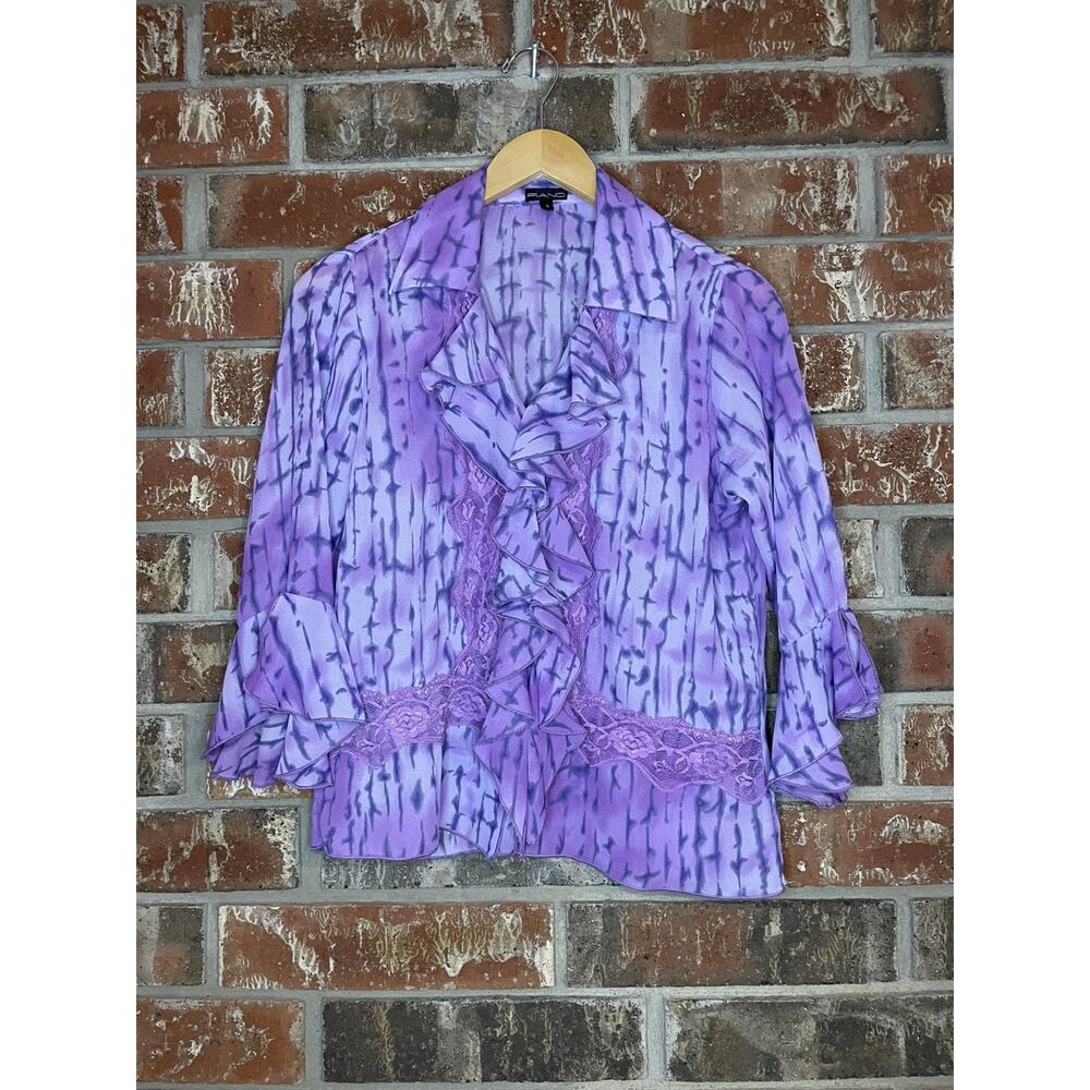 Piano Y2K Sheer Purple Collared Button Up Shirt Small Lace Ruffle Flounce Sleeve